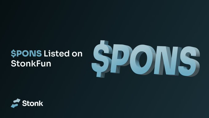 The image shows a Shiba Inu dog lying on its back on a light blue mat, with its belly exposed. The text on the image reads "$PONS listed on Stonkfun" with a 3D-styled "$PONS" graphic on the right side and the Stonk logo in the bottom left, promoting that $PONS can now be used to launch coin pairs on the Stonkfun platform via Sunrise.