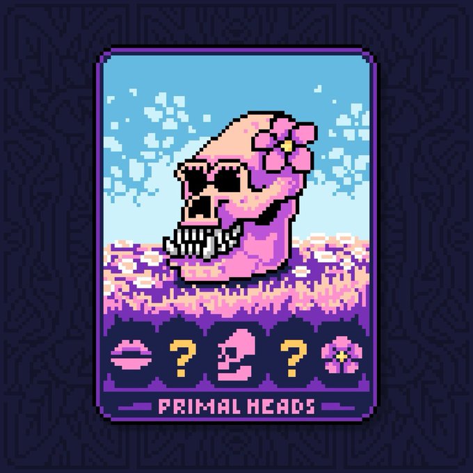 A pixel art tarot card titled 'PRIMAL HEADS' depicts a pink skull with a flower emerging from a bed of purple petals against a starry sky.