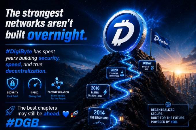 A promotional graphic for DigiByte ($DGB) cryptocurrency with the tagline 'The strongest networks aren't built overnight' and a timeline from 2014 to 'Today Built to Last'.