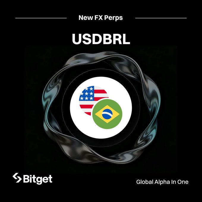 A Bitget "New FX Perps" announcement featuring the USDBRL ticker above stylized circular icons of the US and Brazilian flags, promoting the trading of the US Dollar to Brazilian Real forex perpetual contract with up to 100x leverage. The tagline "Global Alpha In One" appears alongside the Bitget logo.