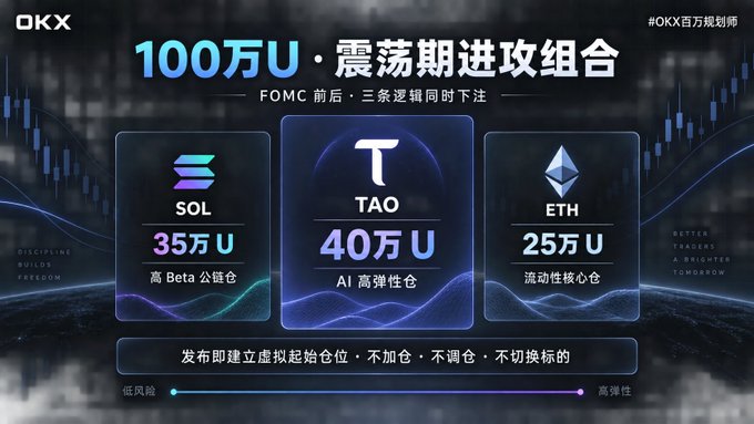 A promotional banner from OKX (with '#OKX百万规划师') advertising a '100万U · 震荡期进攻组合' (1M USDT oscillation period attack combination) featuring three cryptocurrencies: SOL (35万U, 高Beta公链), TAO (40万U, AI高弹性仓), and ETH (25万U, 流动性核心仓), with a risk-to-elasticity gradient bar at the bottom.