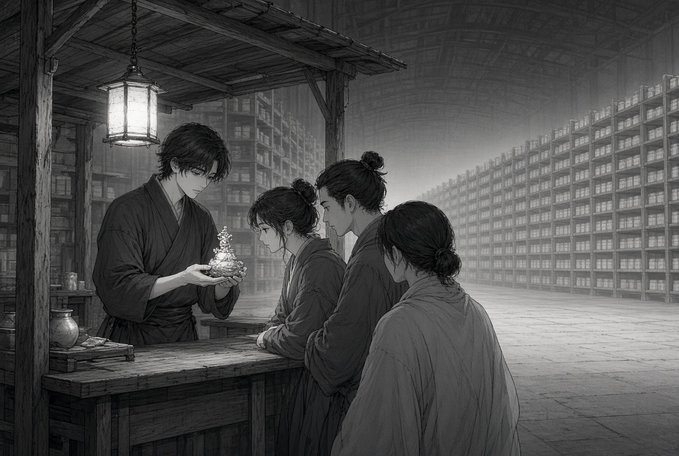 A black and white illustration of a Japanese apothecary or shop where a bespectacled shopkeeper in a kimono hands a decorated bottle to three customers, with endless shelves stretching into the background.