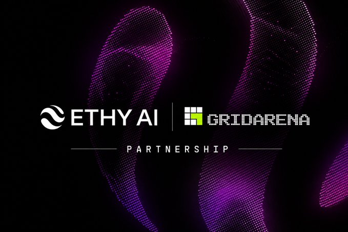 A partnership announcement graphic featuring the ETHY AI and GRIDARENA logos side-by-side, with "PARTNERSHIP" displayed below against a swirling purple and black digital wave background, visually representing the collaboration between the two Virtuals.io projects to bring short-term prediction markets to Ethy AI.