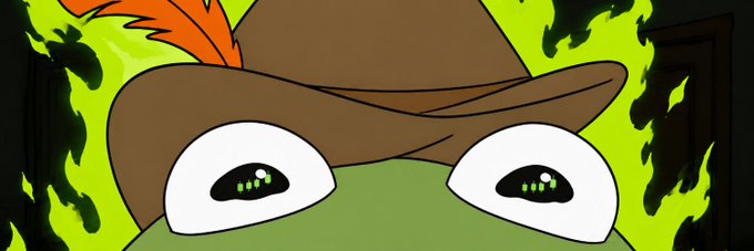 A Pepe the Frog meme edit featuring the character wearing a brown cowboy hat against a background of green flames.