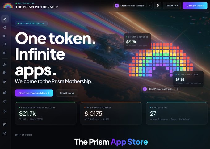 A screenshot of the Prism Mothership website showing 'One token. Infinite apps.' with stats including $21.7k lifetime revenue to holders, 8.0175 PRISM burnt forever, and 27 baskets live across Ethereum, Base, and Robinhood.