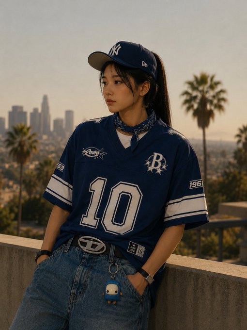 A young woman wearing a blue New York Yankees jersey with the number 10, a matching cap, and jeans with a small character keychain, standing on a rooftop with the Los Angeles skyline and palm trees in the background.