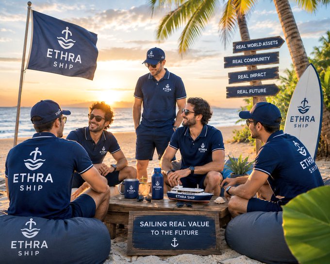 A group of men wearing matching navy blue 'ETHRA SHIP' apparel gather around a table on a beach at sunset, with signs reading 'REAL WORLD ASSETS', 'REAL COMMUNITY', 'REAL IMPACT', 'REAL FUTURE', and 'SAILING REAL VALUE TO THE FUTURE'.