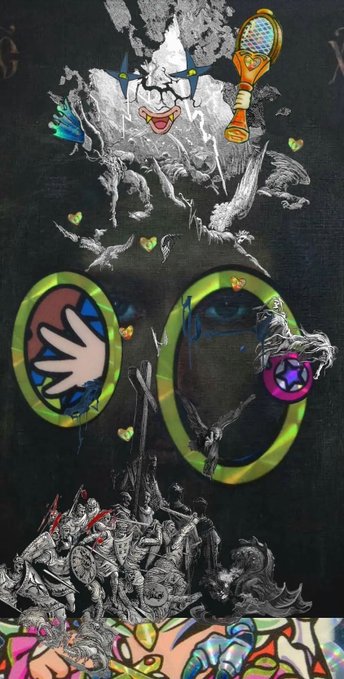 A dark mixed-media artwork featuring intricate black and white illustrations accented with colorful elements like a maraca, butterflies, and circular frames containing hands.