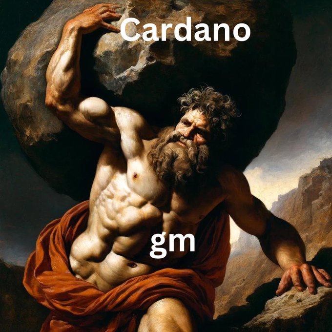 A classical painting depicting a muscular bearded man struggling with a rock, overlaid with the text 'Cardano' at the top and 'gm' in the center.