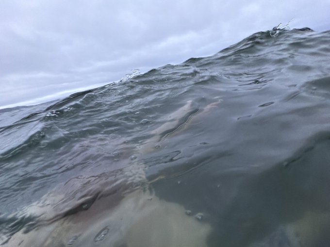 A photograph taken at water level showing a choppy sea surface meeting a cloudy gray sky.