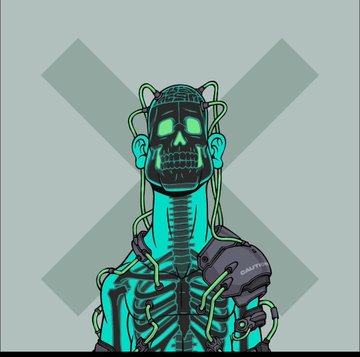 A neon cyberpunk skeletal figure with glowing green eyes is overlaid with a large X mark.