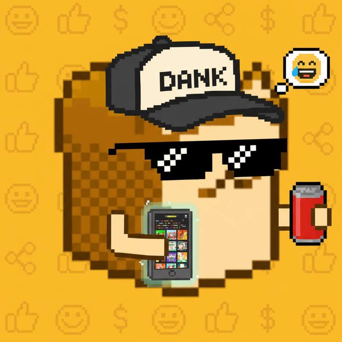 A pixel art 'dank meme' character wearing a 'DANK' cap and sunglasses (deal with it style), holding a smartphone showing NFT icons and a red beverage can, set against an orange background with emoji watermarks.