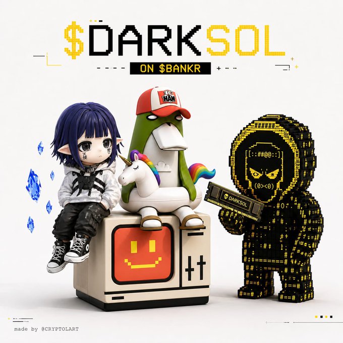 A 3D digital art piece titled "$DARKSOL ON $BANR" featuring a chibi character, a duck wearing a "HAM" hat, a unicorn, and a purple smiley face block, made by @CRYPTOART.
