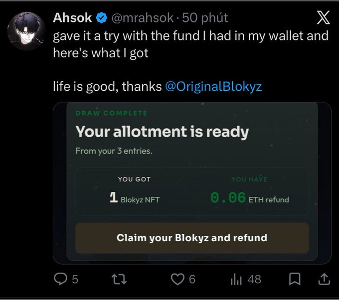 The image is a screenshot of an X post by user Ahsok (@mrahsok) showing a "DRAW COMPLETE" notification where he received 1 Blokyz NFT and a 0.06 ETH refund from 3 entries, tagging @OriginalBlokyz. This relates to the accompanying Vietnamese comment highlighting the user's lucky outcome—spending 0.12 ETH to win a Blokyz NFT worth $500—illustrating the caption's theme that "luck beats skill" in NFT raffles.