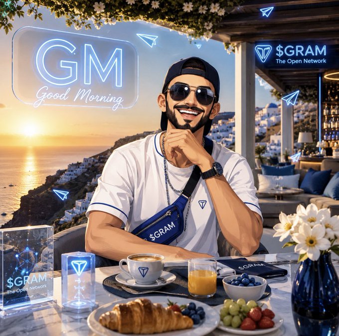 The image features a man sitting at an outdoor table with breakfast food such as croissants, fruit, and juice. The man has sunglasses on his face and appears to be enjoying his meal. There are also flowers nearby, adding a touch of elegance to the scene. The background includes a beach setting, suggesting that they might be in a coastal location or near the ocean. The post about GM $GRAM family seems to be promoting a vacation or a relaxing getaway for the family.