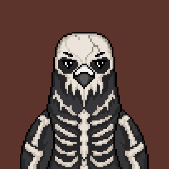 Pixel art illustration of a skeletal figure with a skull-like face wearing a dark hooded robe, showing a visible ribcage on a dark red background.