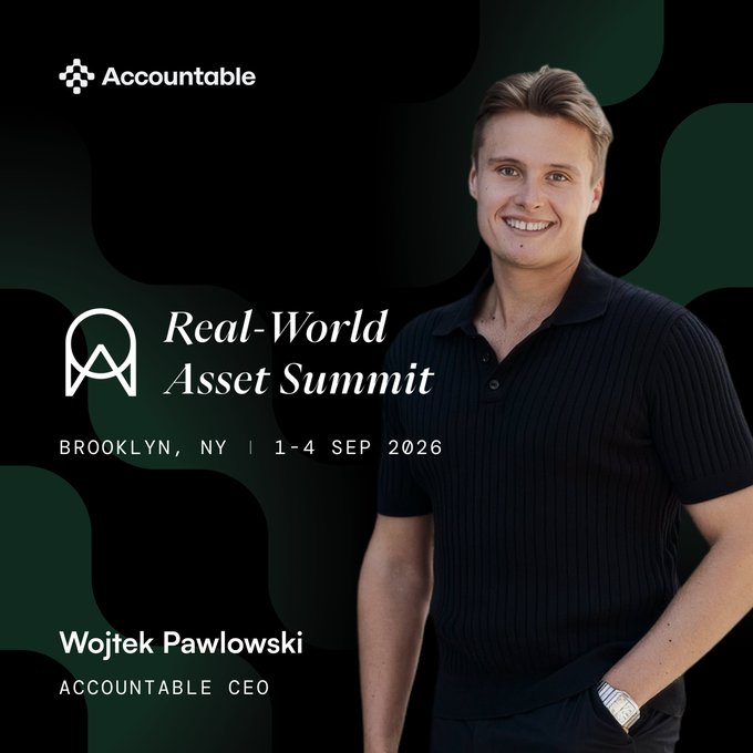 A speaker announcement graphic for the 'Real-World Asset Summit' in Brooklyn, NY on 1-4 September 2026, featuring Wojtek Pawlowski, CEO of Accountable, smiling in a black polo shirt.