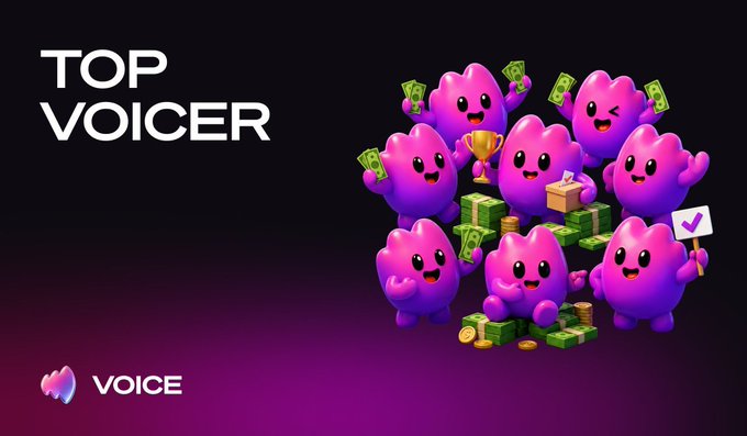 A promotional graphic for 'TOP VOICER' featuring purple mascot characters surrounded by money, gold bars, coins, a trophy, and a checkmark sign, with the VOICE logo at the bottom.