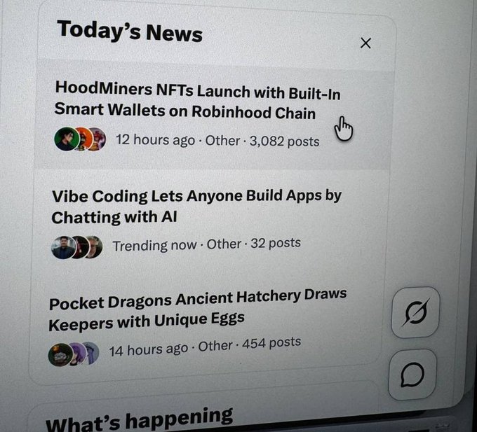 A screenshot of a 'Today's News' feed displaying headlines including 'HoodMiners NFTs Launch with Built-In Smart Wallets on Robinhood Chain' and 'Vibe Coding Lets Anyone Build Apps by Chatting with AI'.