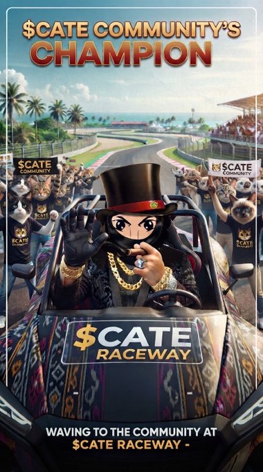 A promotional poster titled '$CATE COMMUNITY'S CHAMPION' featuring a stylized character in a top hat waving from a car at the $CATE Raceway, with crowds wearing $CATE merchandise in the background.