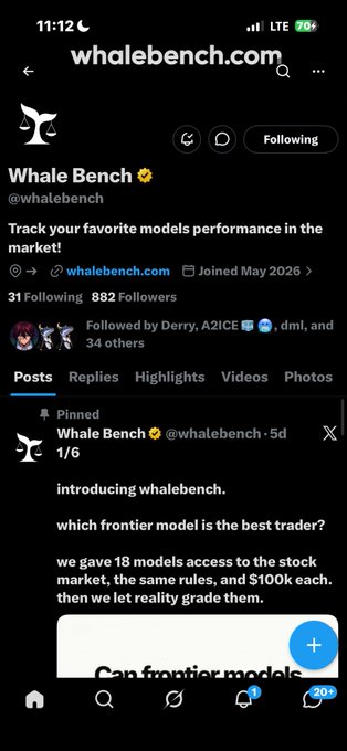 A Twitter/X profile screenshot for 'Whale Bench' (@whalebench) with bio text 'Track your favorite models performance in the market!' and a pinned post asking 'which frontier model is the best trader?' mentioning 18 models and $100k each.