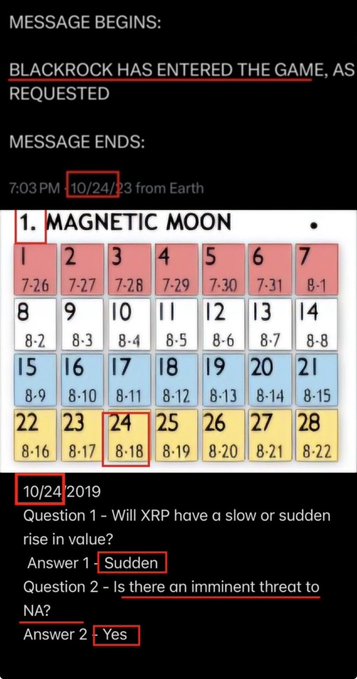 The image shows a "Magnetic Moon" calendar dated 10/24/19, highlighting dates 8/18 and 8/19, with a Q&A predicting that XRP will rise sharply and that there is an imminent threat to NA—both answers aligned with the 10/24 schedule.