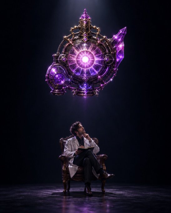 A scientist in a lab coat sits contemplatively in a leather armchair, gazing up at a glowing purple crystalline machine floating above him in a dark, atmospheric setting. The image evokes a sense of futuristic discovery and experimentation, aligning with the post's promotion of the "$QSTRAT" Quotron Strategy token and its connection to an upcoming "FLASKs" mint whitelist opportunity.