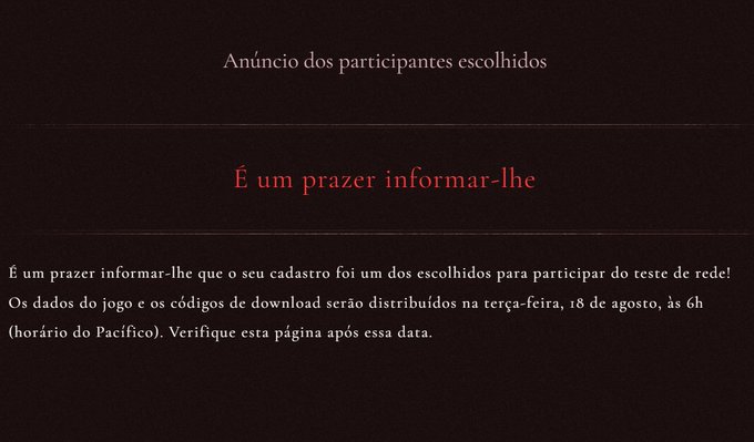 A Portuguese-language announcement titled 'Anúncio dos participantes escolhidos' informs the recipient they were selected to participate in a network test on Tuesday, August 18th at 6h Pacific time.