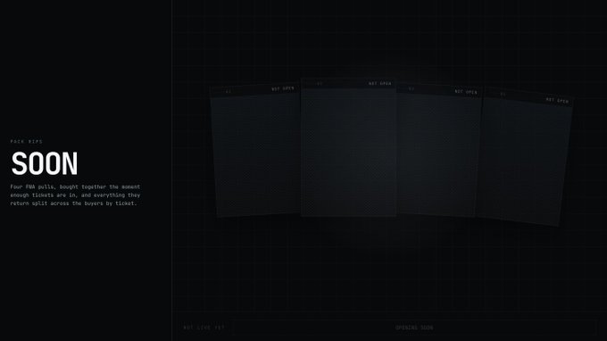 A dark, minimalist promotional image advertising an upcoming "Pack Hits: SOON" release, featuring four FAN pull cards displayed in a row on the right, with descriptive text explaining that four fans collaborated to create the release with a surprise split among buyers.