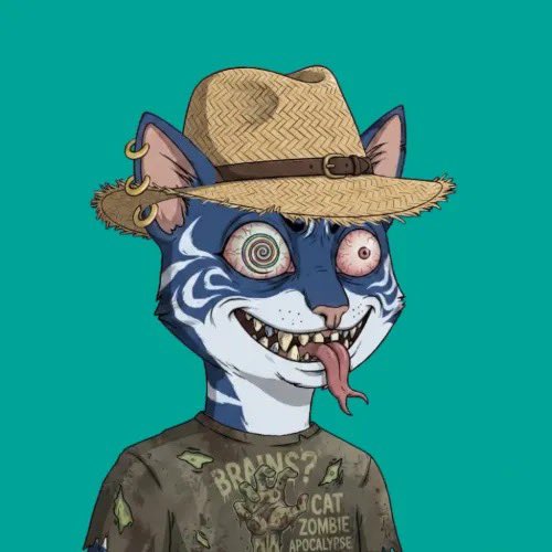 A cartoon illustration of a creepy cat-like character wearing a straw hat and a shirt reading 'BRAINS? CAT ZOMBIE APOCALYPSE' against a teal background.