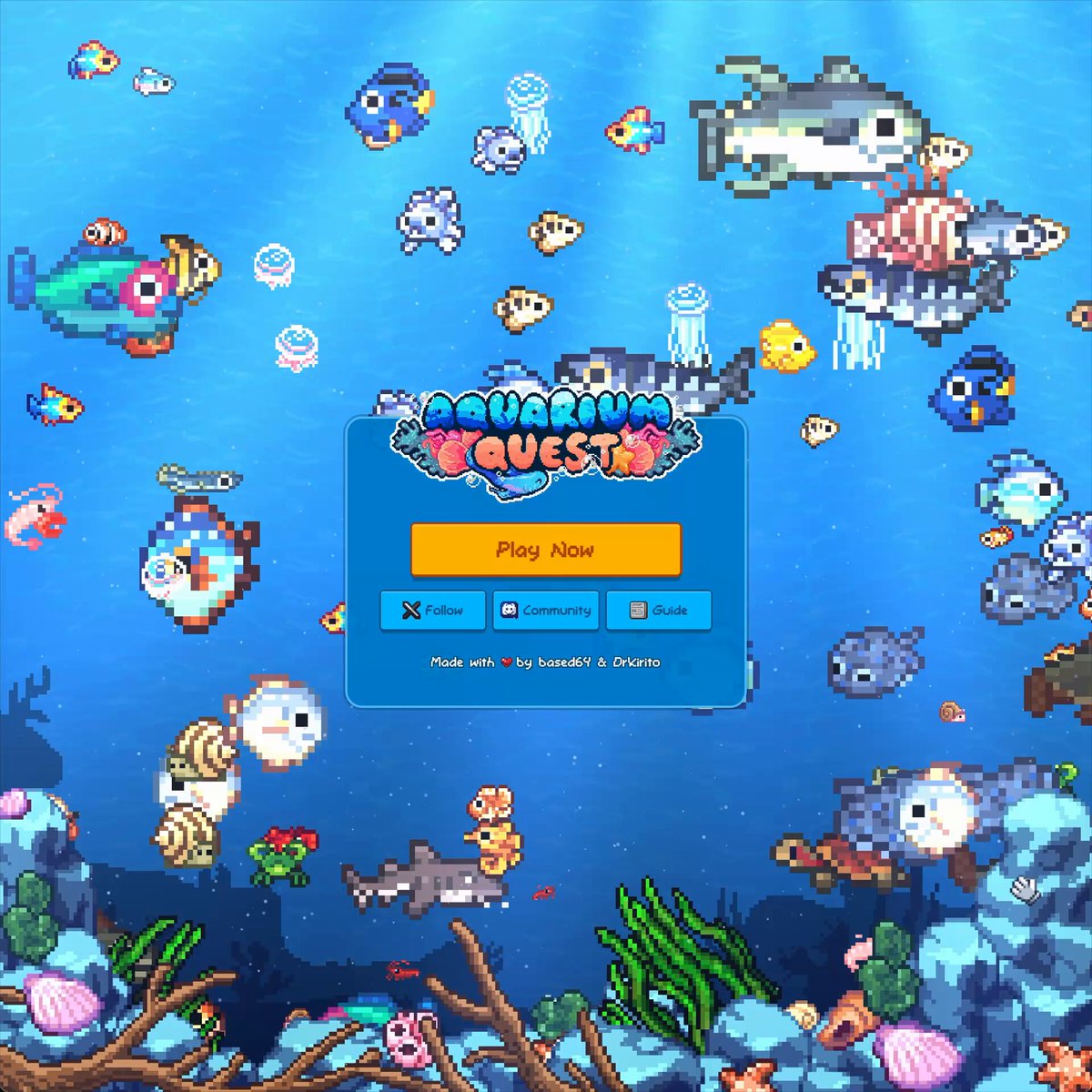 The image features a blue ocean scene with various fish, including some that are cartoonish or pixelated. The background of the image has text that reads "Aquarium Quest: Alpha Playtest 1 is LIVE! Play now: play.aquarium.quest - Collect, raise, breed & battle with aquatic pets in cozy pixel aquariums - Level up to earn exclusive Reward Chests - Rank in arcade leaderboards to win RON!". The post seems to be promoting a game or an event related to the Aquarium Quest series.