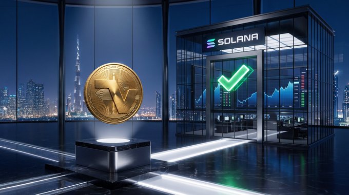 A digital illustration of a gold coin with a 'V' symbol displayed on a pedestal in a modern glass office setting, with a 'SOLANA' sign and a green checkmark on a screen in the background.