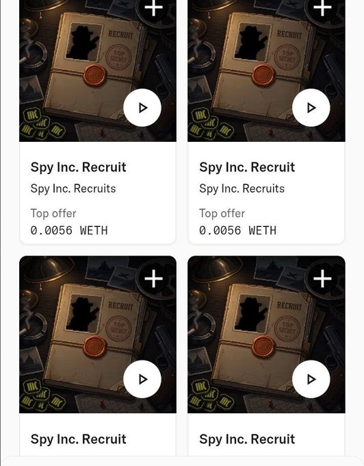 The image displays a grid of four identical NFT listings for "Spy Inc. Recruit" from Spy Inc. Recruits, each showing a play button overlay and a "Top offer" of 0.0056 WETH. This directly corresponds to the post about minting four Spies from @SpyIncGame, visually confirming the four recruit NFTs the user acquired as part of their exploration of the GameFi project on Robinhood's economy.