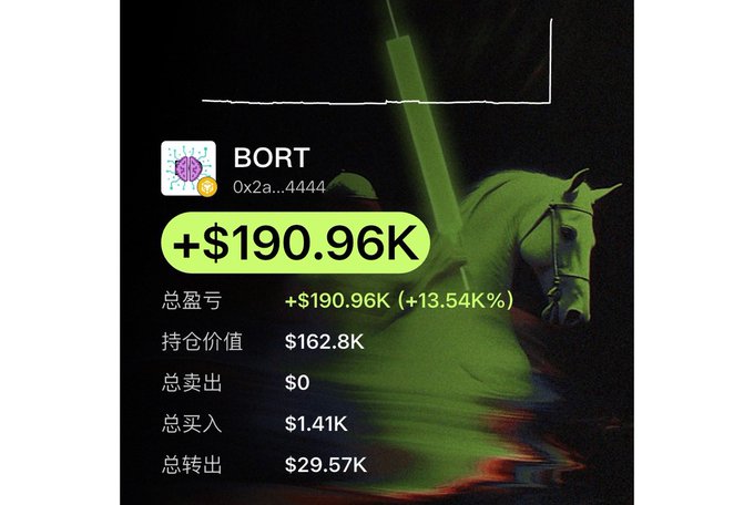 The image is a screenshot of a cryptocurrency portfolio tracker displaying the token "BORT" (contract address 0x2a...4444), showing impressive gains of +$190.96K (+13.540K%) with a holding value of $162.8K against a total input of $1.41K and output of $29.57K, set against a dark background featuring a green horse wearing sunglasses wielding a sword—visually reinforcing the post's celebration of how the user transformed a $1,410 investment into $162.8K by using GMGN's on-chain scanning tool to identify the BORT meme coin opportunity.