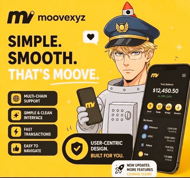 The image features a cartoon character dressed as an astronaut holding up a cell phone with a message about a new Moove ecosystem app. The text on the image reads "Simple, smooth. That's moove. User-centric design built for real users who want to earn while they move." This suggests that the app is designed to help users make money by using their mobile devices and the Moove ecosystem.