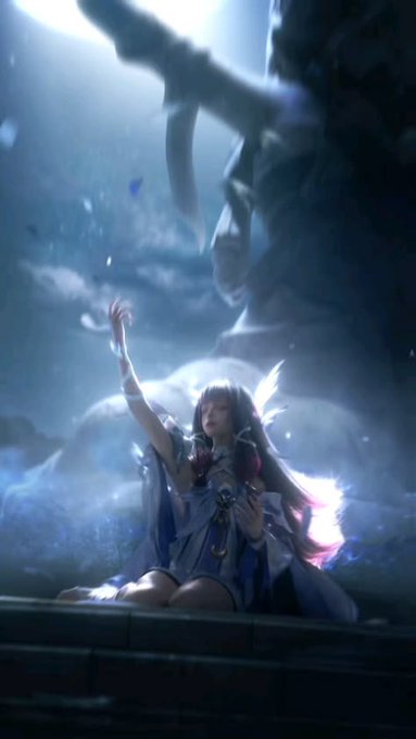 An ethereal fantasy illustration of a winged anime-style girl in a flowing dress reaching upward toward a light source, set in a mystical cave-like environment.