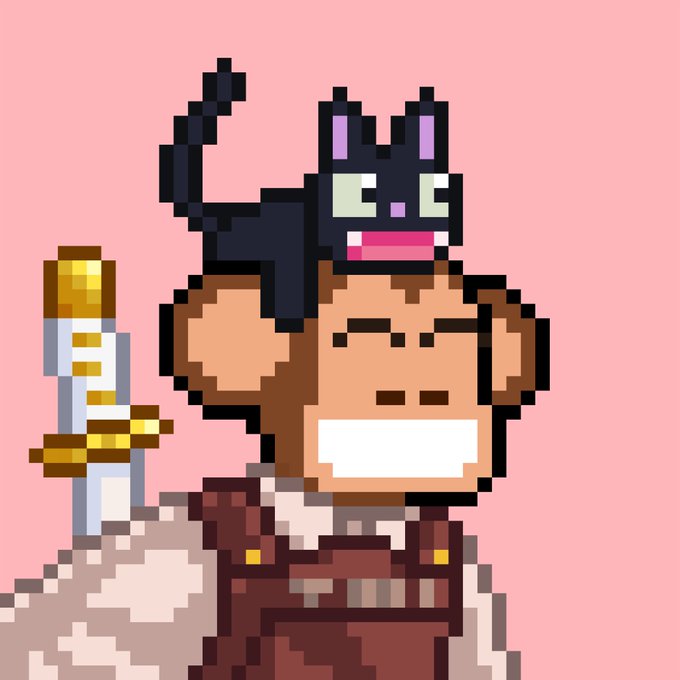 Pixel art of a smiling monkey character with a black cat perched on its head, holding a sword against a pink background.