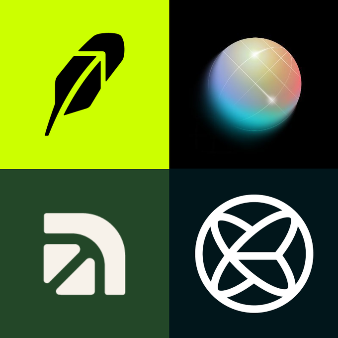 A 2x2 grid of stylized logo icons including a green quill/feather, a colorful 3D sphere, a dark green shield/arrow shape, and a white circular orbital/geometric symbol on black backgrounds.