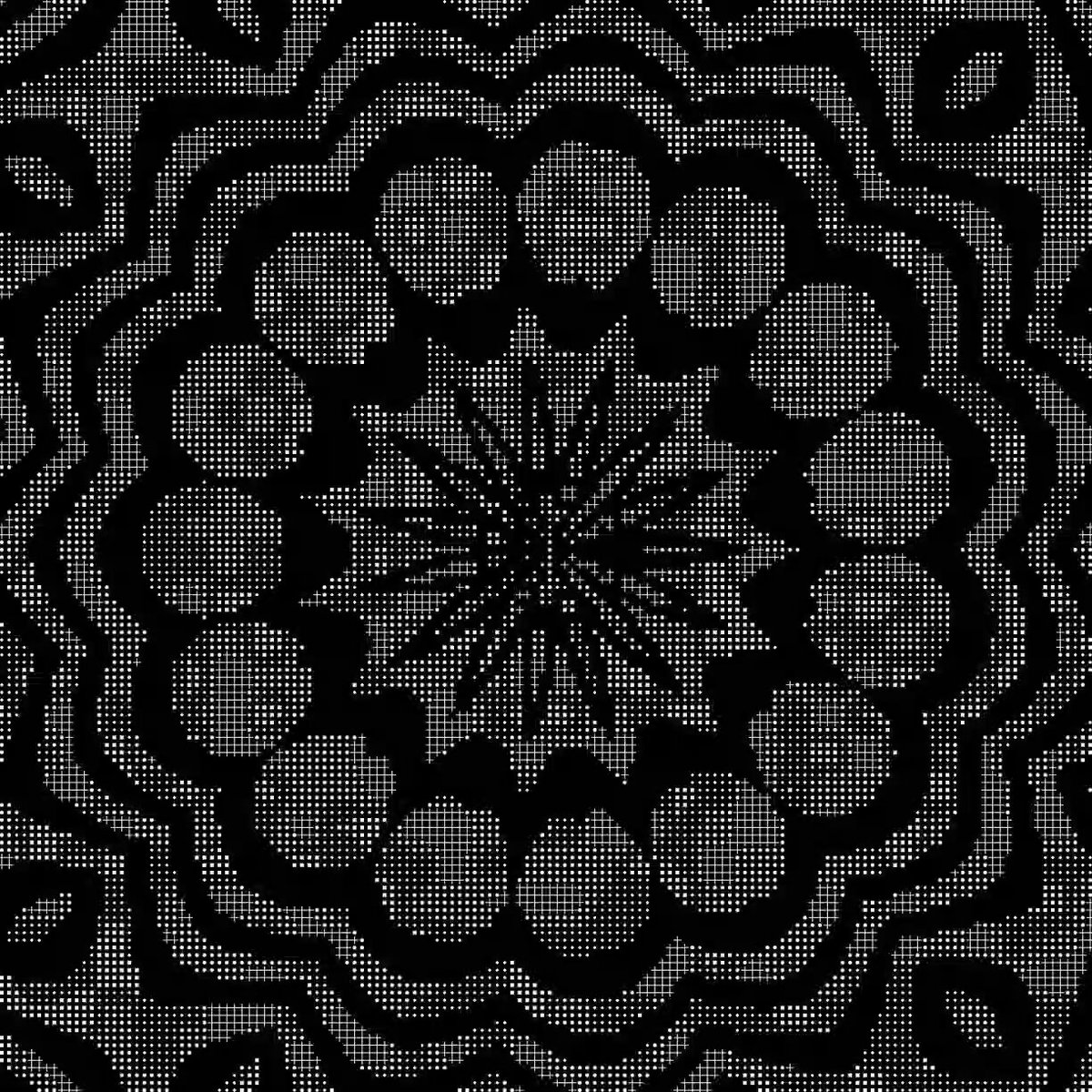 The image features an abstract black and white design with numerous small circles arranged in a circular pattern. The design has a central focus point resembling a sunburst or flower shape, surrounded by smaller circles that create a sense of depth and dimension. The composition is visually striking due to its intricate arrangement of dots and the absence of color, which emphasizes the contrast between light and dark areas within the image. This black and white pattern evokes a sense of nostalgia for early NFT collections in new ecosystems, as it captures the essence of those early days when collectors were eager to explore and invest in these emerging markets. The post's title "I'm genuinely excited about NFT Echoes from Quipnetwork" further emphasizes this nostalgic atmosphere created by the black and white design.
