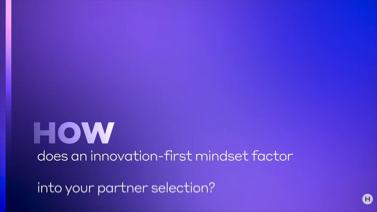 The image features a purple background with white text that reads "How does an innovation first mindset factor into your partner selection?". The image also includes a link to a video about McLaren Racing, which is a well-known global sports brand. This video showcases the partnership between Hedera and McLaren Racing in Formula 1 racing, highlighting how they collaborate on real-world experiences for fans to understand the importance of innovation and mindset factors in their partnership selection process.