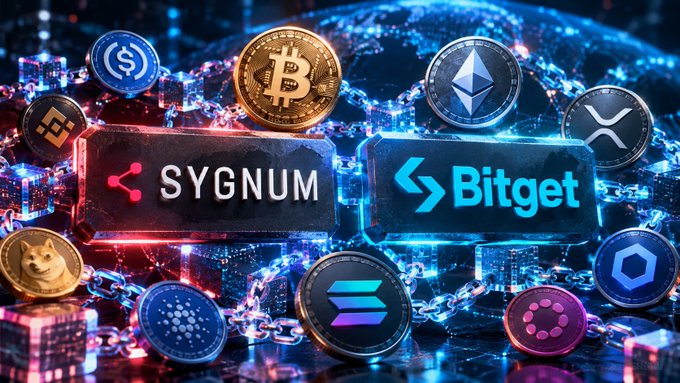 A digital graphic showing cryptocurrency coins including Bitcoin and Ethereum alongside branded blocks for 'SYGNUM' and 'Bitget' against a blue blockchain-inspired background.