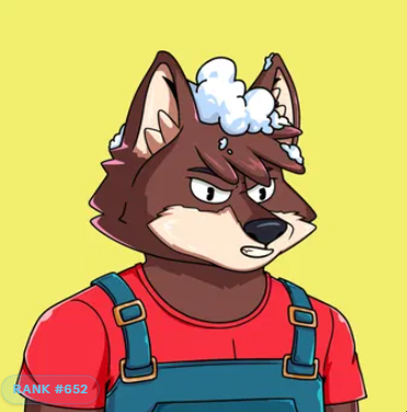 An anthropomorphic wolf character with soap bubbles on its head wears a red shirt and blue overalls, with a 'RANK #652' badge visible.