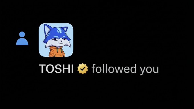 A Twitter notification showing that 'TOSHI' with a verified checkmark has followed the user, featuring a cartoon blue cat avatar in an orange hoodie.