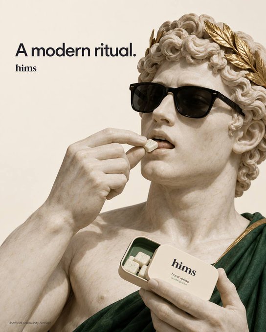 A satirical advertisement for 'hims' shows a classical Greek/Roman statue wearing sunglasses and a laurel wreath, eating mints from a 'hims hard mints' tin, with the tagline 'A modern ritual.'