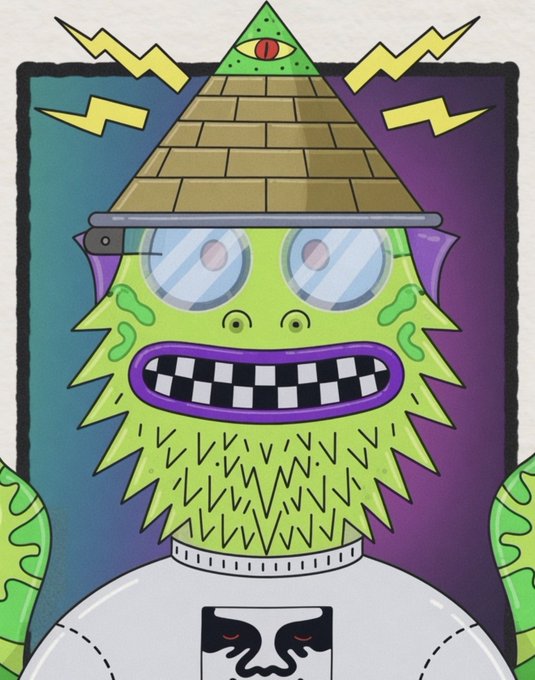 The image features a green, furry monster with a wide checkered grin, wearing an Illuminati-style pyramid hat with an all-seeing eye and reflective visor goggles, set against a vibrant gradient background—evoking a chaotic, conspiratorial "degen" crypto trading vibe. The accompanying text humorously frames the scene as someone embracing wild, over-the-top speculation, with the bizarre, meme-laden monster perfectly capturing the reckless, dizzying energy of "super degen mode."