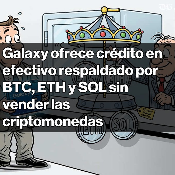 A Spanish-language graphic illustration showing two men beside a carousel with BTC, ETH, and SOL tokens, with text reading 'Galaxy ofrece crédito en efectivo respaldado por BTC, ETH y SOL sin vender las criptomonedas'.