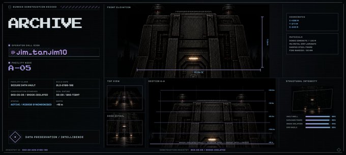 A dark digital dossier displaying "ARCHIVE" with creator handle "@Jim_can1m10" and call sign "A-05" alongside technical schematics of a bunker featuring front elevation, top view, and section A-A blueprints, corresponding to the NFT mint announcement for the Archive bunker artwork.