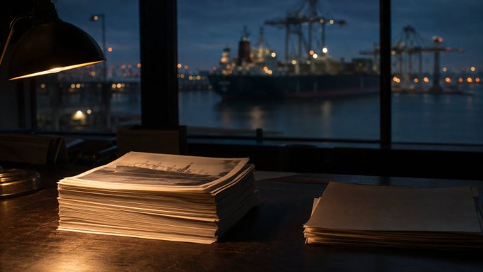 A moody scene of stacks of papers and a folder on a desk, illuminated by a desk lamp, with a nighttime harbor view of a ship and cranes through the window.