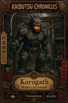 A fantasy trading card titled "Korogath - Molten Core Sentinel" from the Kaibutsu Chronicles Zomkai Monster Registry, featuring a stone-like oni warrior with glowing orange eyes, classified as Registry No. 46, Uncommon, with a 65.65% rarity score. The card promotes the Kaibutsu Chronicles NFT launch on AI Garden Art, fitting the post's announcement of AI-powered onchain collectibles.