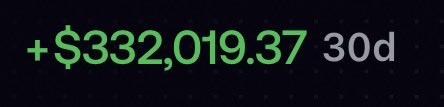 A trading screenshot displays a profit of "+$332,019.37" over "30d" in green text against a dark background, visually reinforcing the poster's claim about their successful high-market-cap token buy-and-hold strategy.